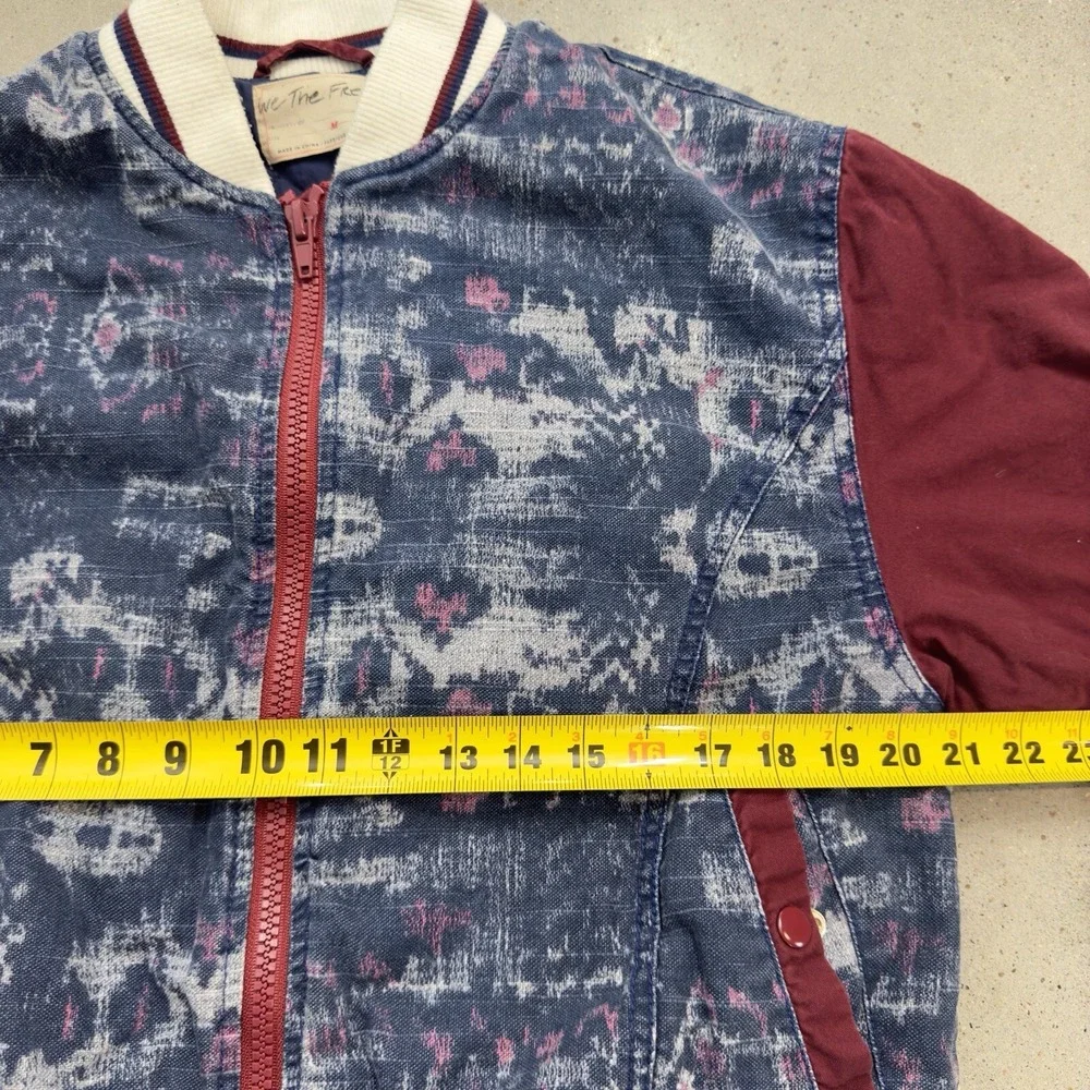 Free People Women's Bomber Jacket Varsity Dreams Linen Blend Ikat Print Sz Med